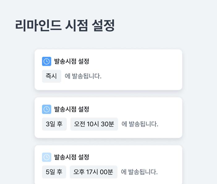 리마인드 시점 설정 예시: 즉시 발송, 3일 후 오전 10시 30분 발송, 5일 후 오후 17시 00분 발송